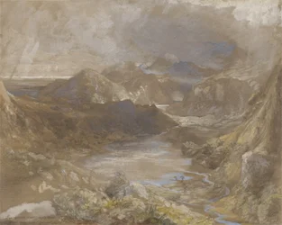 Llwyngwynedd e parte de Llyn-y-ddina Entre Capel Curig e Beddegelert, Gales do Norte, 1835-36 (wc, guache e grafite sobre papel)